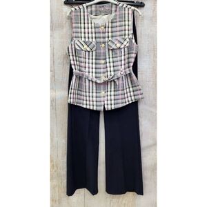 Sleeveless Plaid Top with Wide Leg Black Pants Set